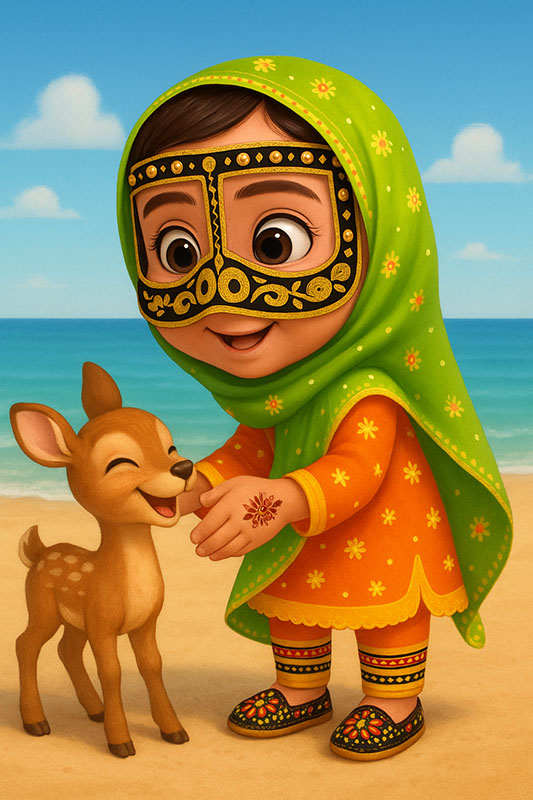 تصویرسازی دختری با لباس بندری و نقاب کنار آهو